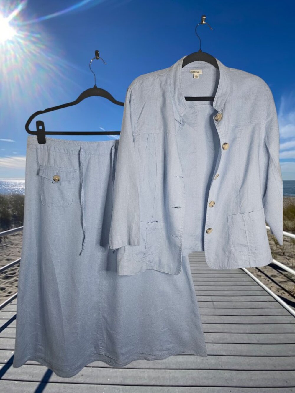 A vintage early 2000s (Y2K era) Cherokee linen blend skirt and jacket set